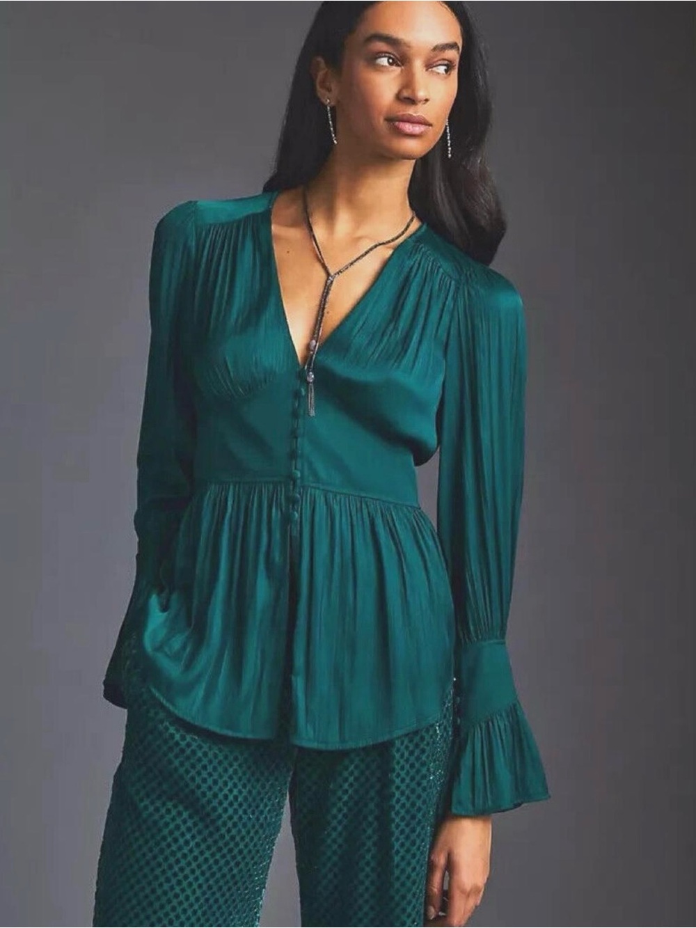 By Anthropologie Emerald Green Plissé Peplum Blouse Balloon Sleeve S